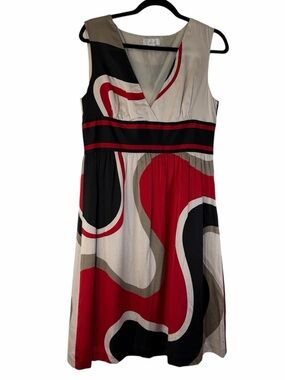Robin Howe Silk Sleeveless Red Black‎ Beige Artsy Printed V-Neck Dress Sz 12
